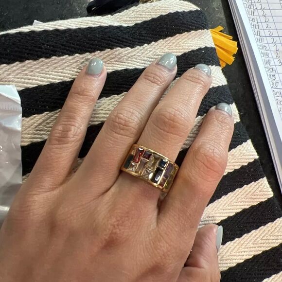 18K Gold Luxury Multicolor Wide Ring Size 6, 7, 8 Rainbow - Picture 3 of 5